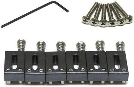 Set of six black metal guitar saddles with six screws and one black allen key