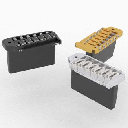 Three metal guitar bridges in black, gold, and silver finishes shown on a white background.
