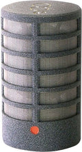 Cylindrical gray microphone with metal mesh grille and red circular indicator on the base.