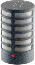 Gray cylindrical microphone capsule with horizontal mesh grille and a small red dot near the base.