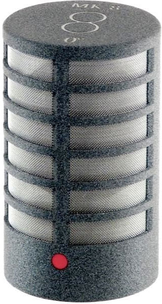 Gray cylindrical microphone capsule with horizontal mesh grille and a small red dot near the base.