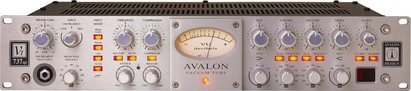 Silver rackmount preamp with multiple knobs, switches, a VU meter, and a jack input on the front panel.