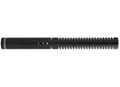 Black shotgun microphone with grooves along the barrel and a switch on the body.