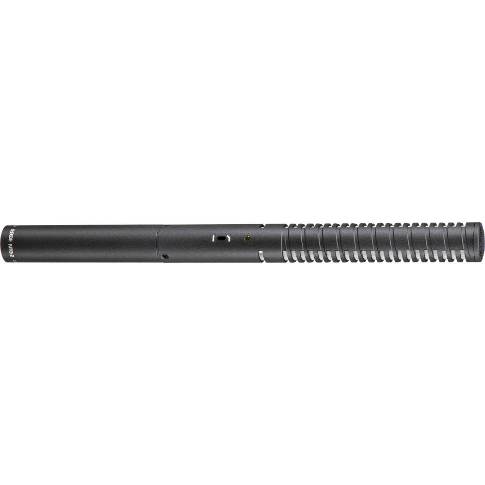 Black shotgun microphone with a slide switch and grill pattern on one end.