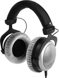 Over-ear wired headphones with silver mesh ear cups and padded headband and ear cushions.