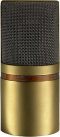 Gold and black microphone with mesh grille and label reading 4040 handmade