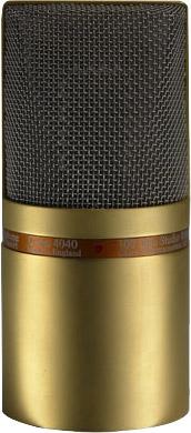 Gold and black microphone with mesh grille and label reading 4040 handmade