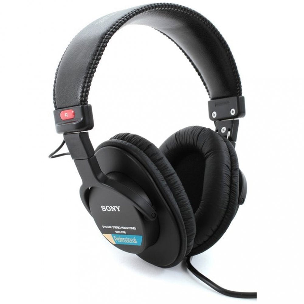 Black over-ear wired headphones with padded headband and ear cups showing Sony branding and model number MDR-7506.
