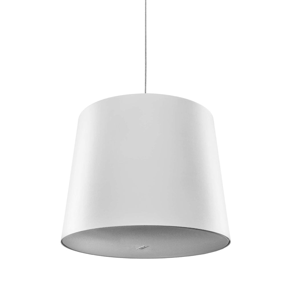 White cylindrical hanging speaker with gray mesh grille and visible brand logo on grille bottom.