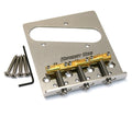 Metal guitar bridge plate with four compensating saddles, mounting screws, and a hex key on a white background.