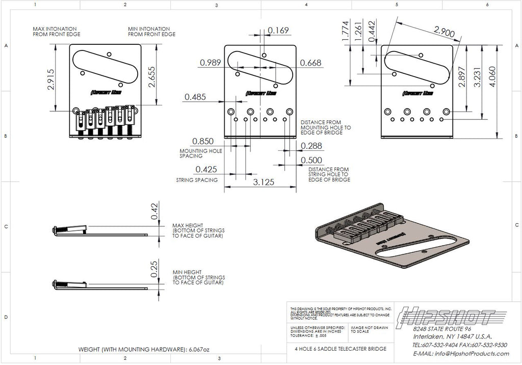 Hipshot Tele Retrofit Bridge 4 Hole With 6 Saddles
