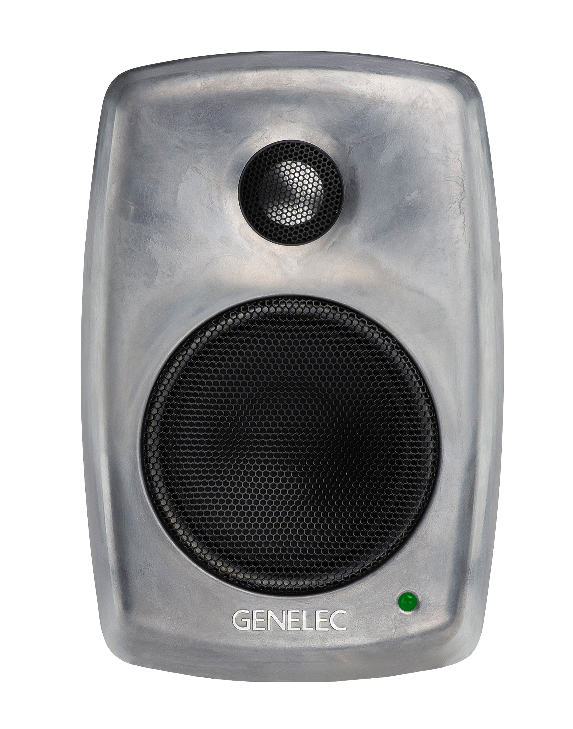 Front view of a gray Genelec studio monitor speaker with two speaker drivers and a green indicator light.