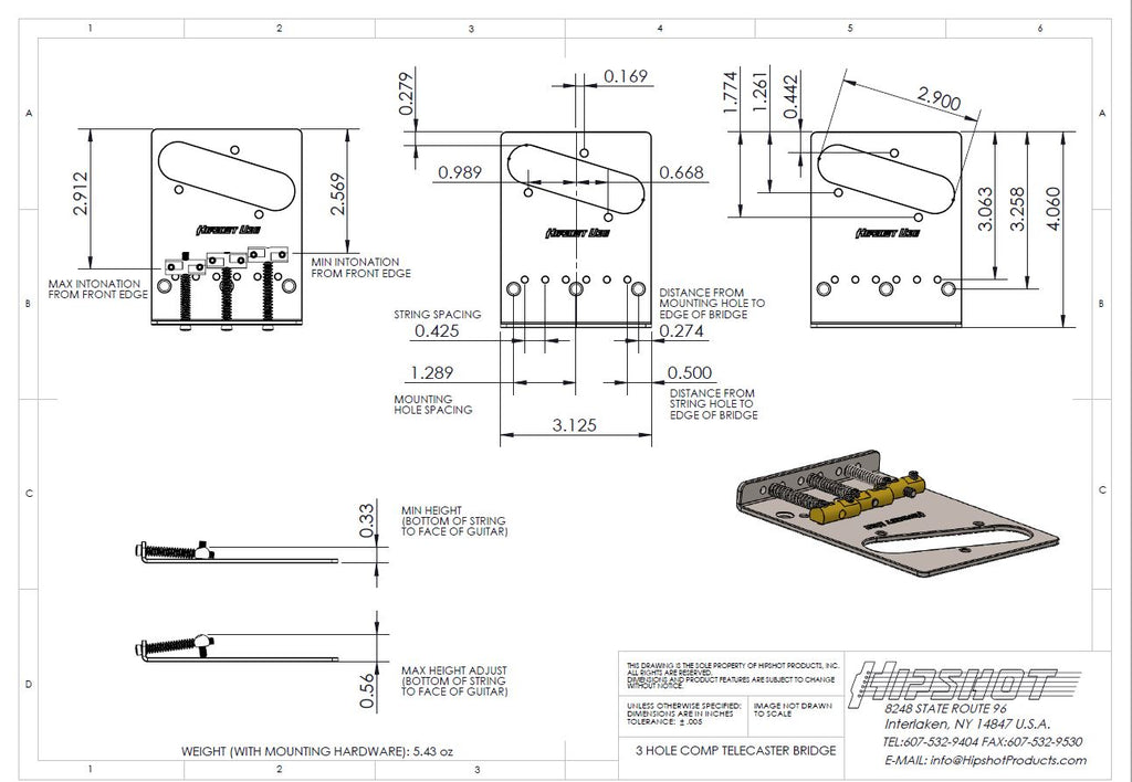 Hipshot Tele Retrofit Bridge 3 Hole With Compensated Saddles