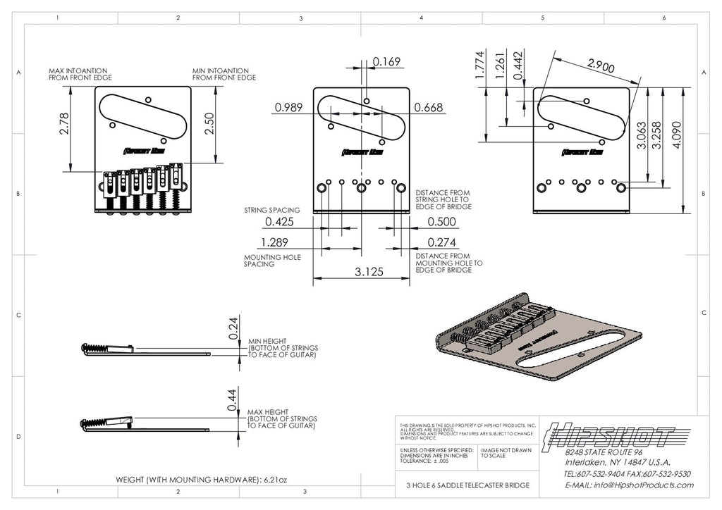 Hipshot Tele Retrofit Bridge 3 Hole With 6 Saddles
