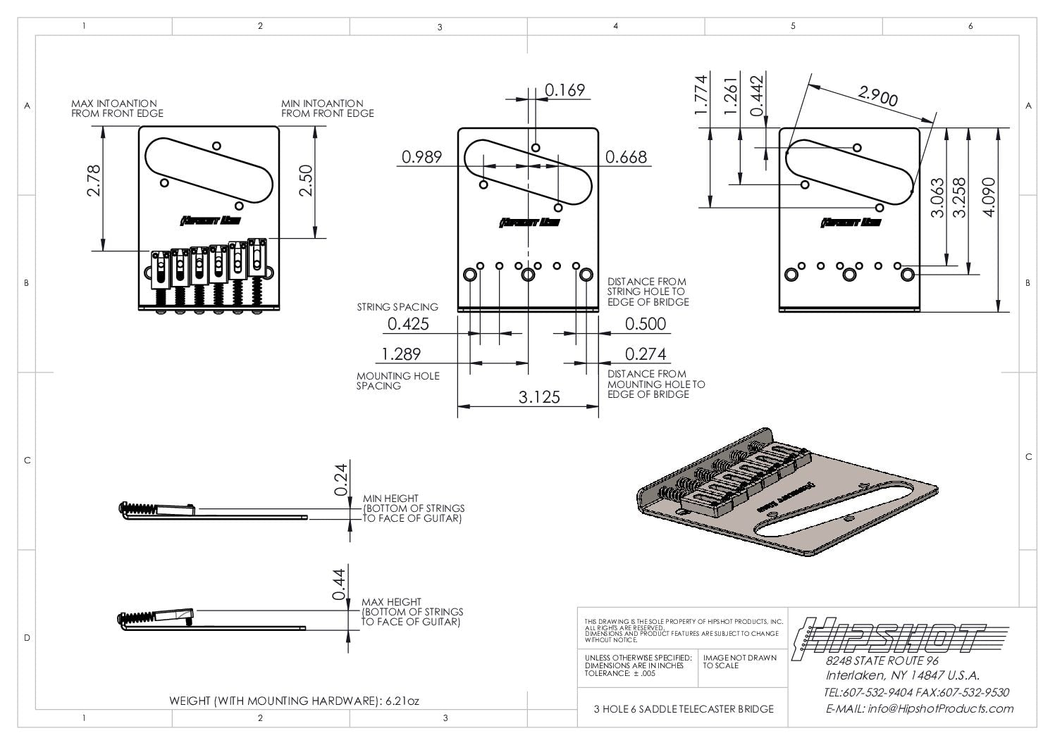 Hipshot Tele Retrofit Bridge 3 Hole With 6 Saddles