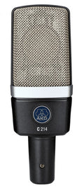 Front view of a black and silver condenser microphone with AKG logo and model C 214 visible.