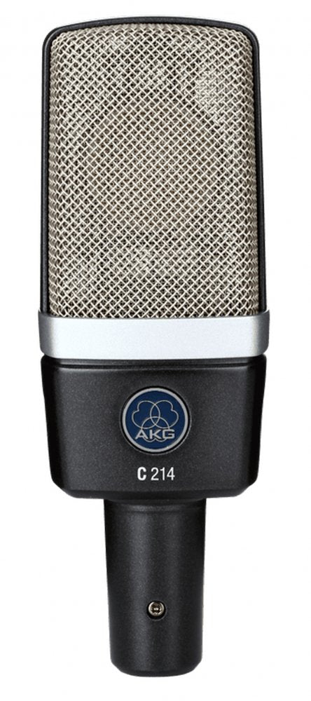 Front view of a black and silver condenser microphone with AKG logo and model C 214 visible.