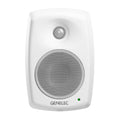 White studio monitor speaker with two protective metal grilles and GENELEC logo at bottom.