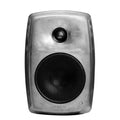Front view of a metallic gray studio monitor speaker with black speaker grills and GENELEC branding.