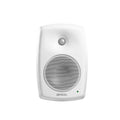 White studio monitor speaker with two drivers and a green indicator light on the front.