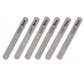Six gray metal files labeled with different sizes from 0.009 to 0.042 inches by Ibanez.