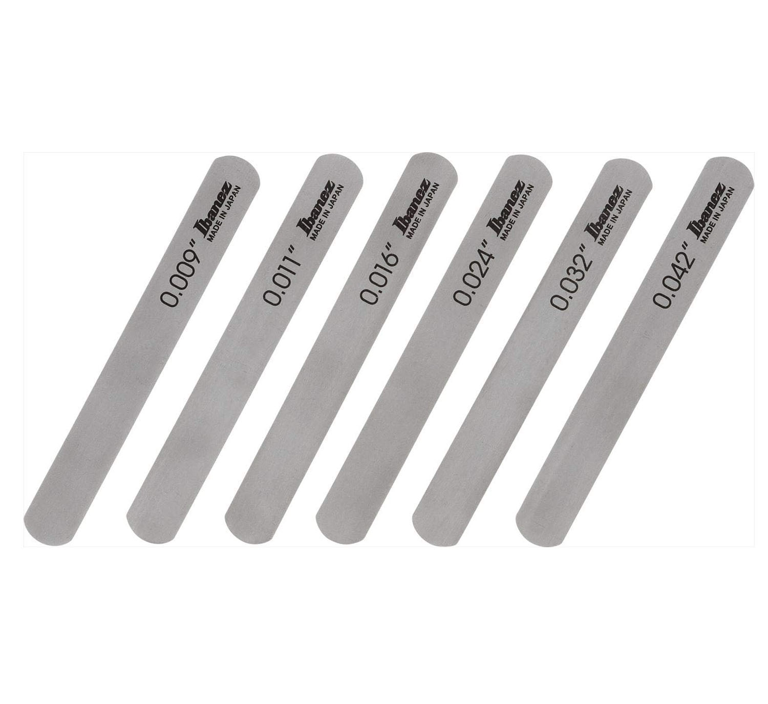 Six gray metal files labeled with different sizes from 0.009 to 0.042 inches by Ibanez.