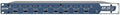 Front panel of a blue AVIOM AN-16/o output module with 16 level control knobs and status LEDs.