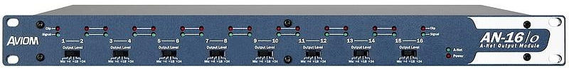 Front panel of a blue AVIOM AN-16/o output module with 16 level control knobs and status LEDs.