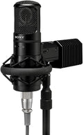 Sony C-800G PAC large-diaphragm tube condenser studio microphone, a cylindrical microphone body with an integrated finned heat-sink cooling assembly, shown in professional product photography.