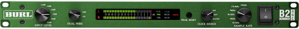 Front panel of a green Burl Audio B2 Bomber ADC converter with knobs, switches, and a multi-color LED level meter.