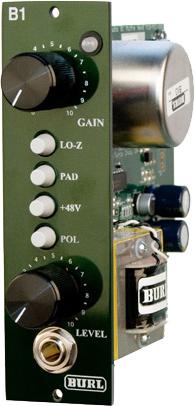 Green and silver audio preamp module with gain and level knobs, toggle switches, and 1/4 inch jack.