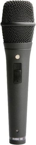 Black handheld microphone with a metal mesh grille and slide switch on the body.
