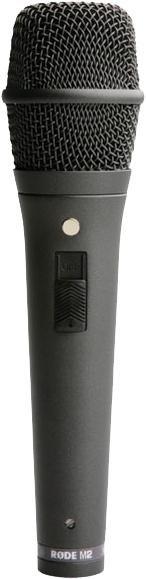Black handheld microphone with a metal mesh grille and slide switch on the body.