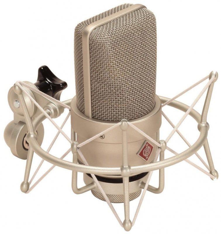 Beige condenser microphone in a metal shock mount with a black tightening knob and Neumann logo on microphone body.