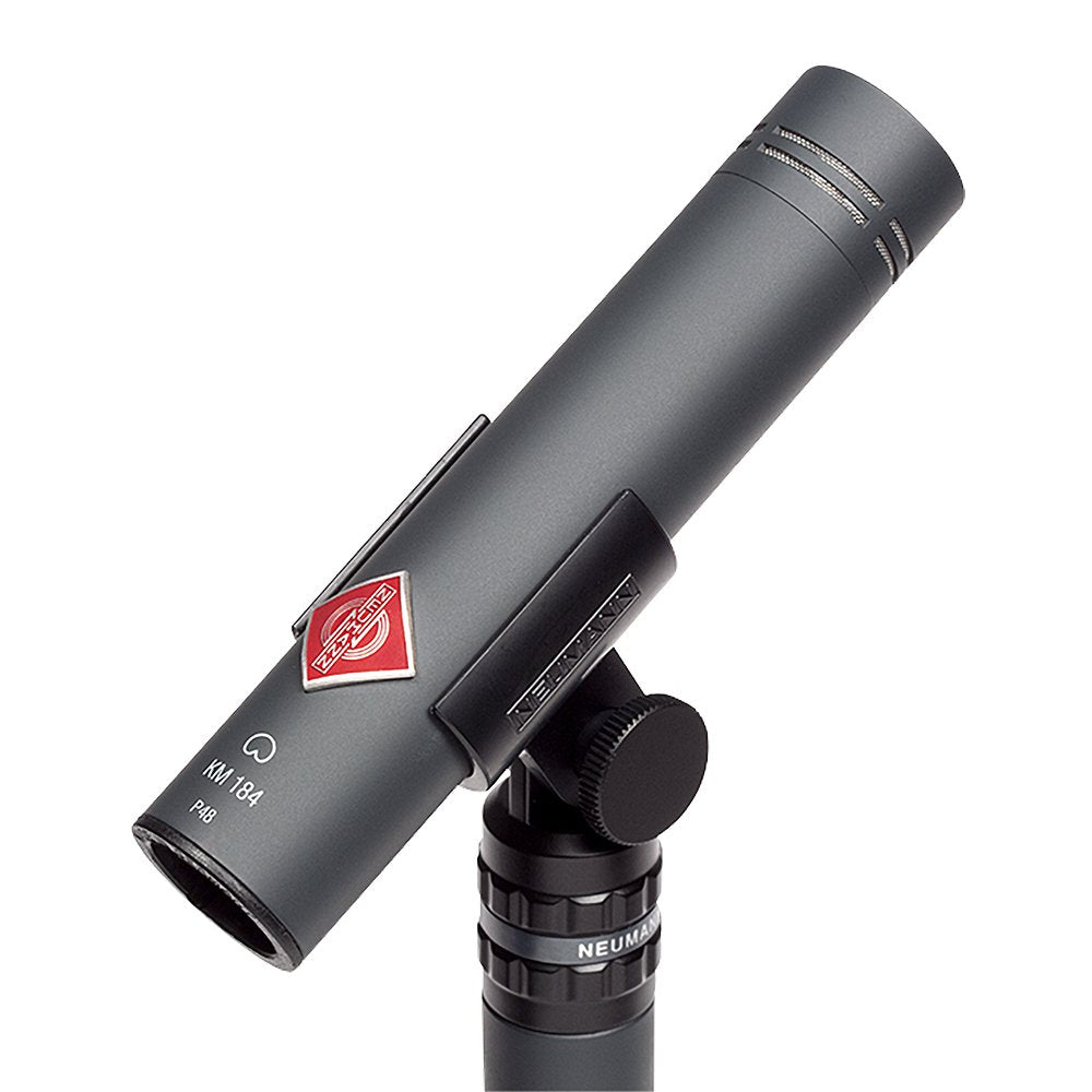 Gray cylindrical microphone with red diamond logo mounted on a black adjustable stand clip.