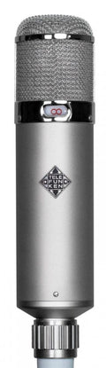 Silver studio microphone with mesh grille, TELEFUNKEN logo, and switch on the front.