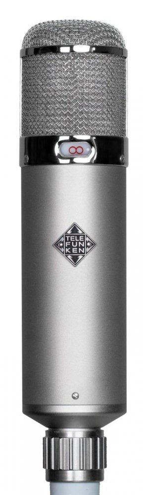 Silver studio microphone with mesh grille, TELEFUNKEN logo, and switch on the front.