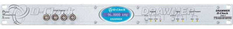Front panel of a Drawmer D-Clock device with a digital display, rotary knob, buttons, and multiple BNC connectors.