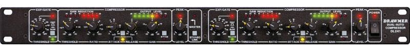Front panel of a Drawmer dual-auto compressor audio processor with multiple knobs, switches, and LED indicators.