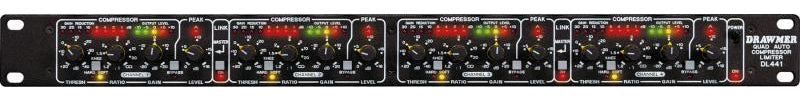 Front view of a black Drawmer DL441 dual auto compressor limiter audio rack unit with multiple knobs and LED level indicators.