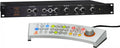 Black rackmount monitor controller with headphone jack and knobs, shown with a curved remote control with various buttons and a rotary dial.