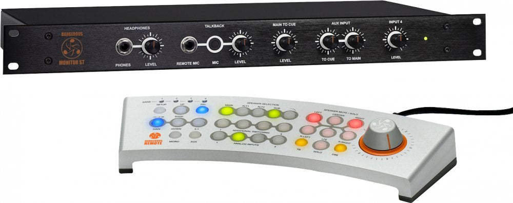 Black rackmount monitor controller with headphone jack and knobs, shown with a curved remote control with various buttons and a rotary dial.