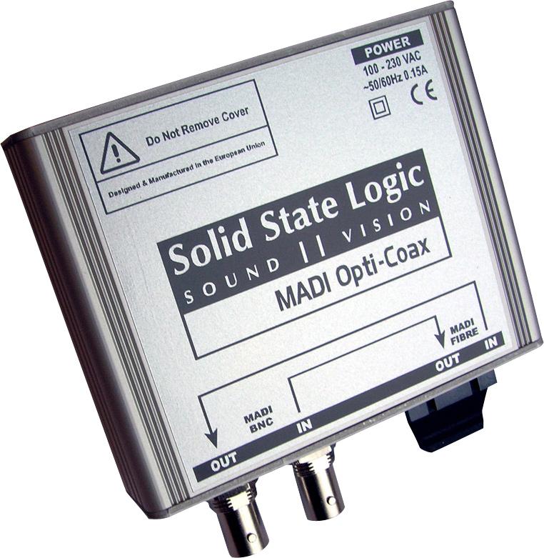 Silver Solid State Logic MADI Opti-Coax converter with BNC and fiber optic connectors