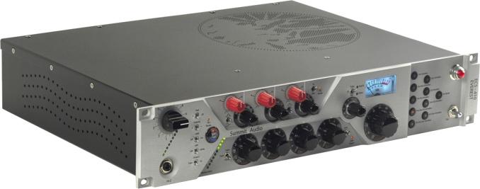 Silver and black audio preamp with multiple knobs and switches, including a 1/4 inch jack on front panel.