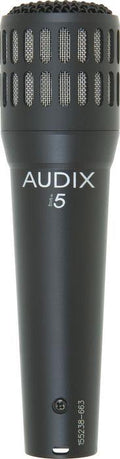 Black handheld microphone with metal mesh grille and visible AUDIX i5 branding.