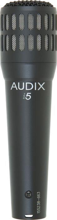 Black handheld microphone with metal mesh grille and visible AUDIX i5 branding.
