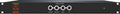 Black rackmount audio device with rotary knobs labeled for speaker level trims and a green status LED.