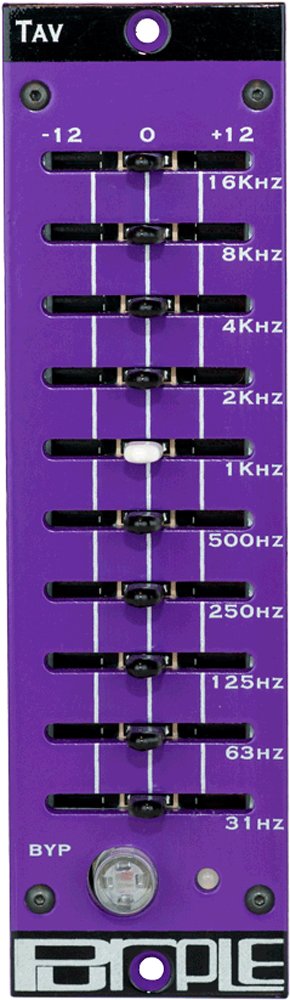 Purple front panel of an audio equalizer with eight frequency sliders and a bypass switch.