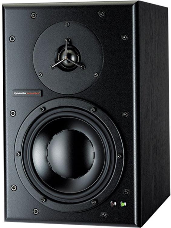 Black studio monitor speaker with tweeter, woofer, and small LED power indicator on front panel.