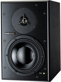 Black studio monitor speaker with tweeter, woofer, and small LED power indicator on front panel.